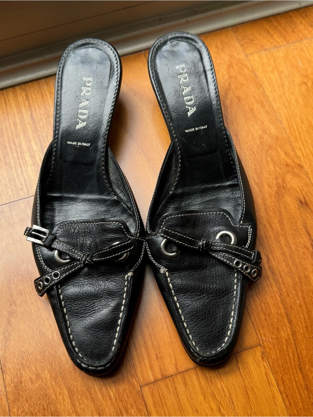 Prada Black Leather Knot-Detail Slip-On Mules